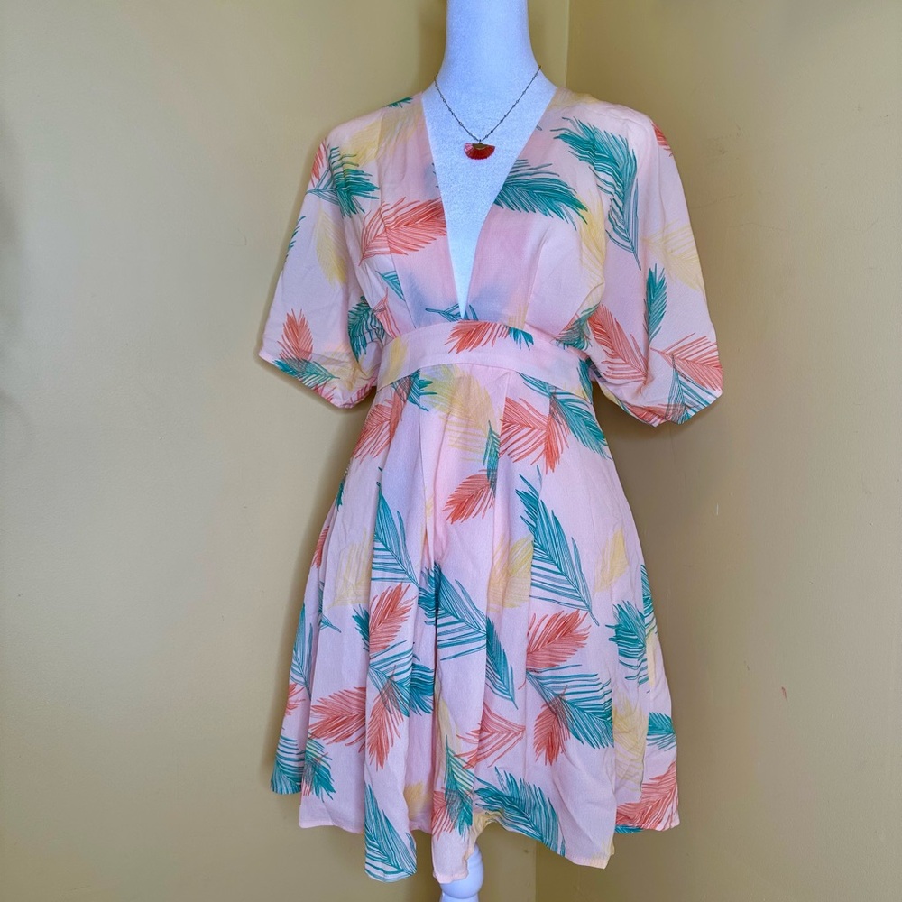 COPY - Flowy ,light pink dress with a vibrant leaf print.